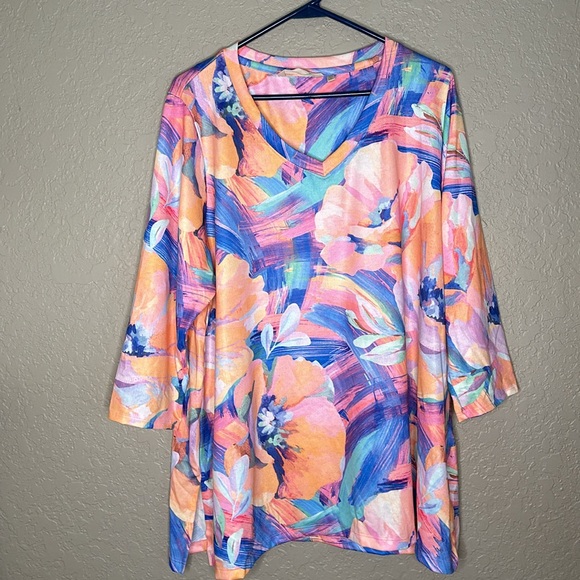 Soft Surroundings Felisa Tunic Top Pink Blue Watercolor Floral - Picture 2 of 6